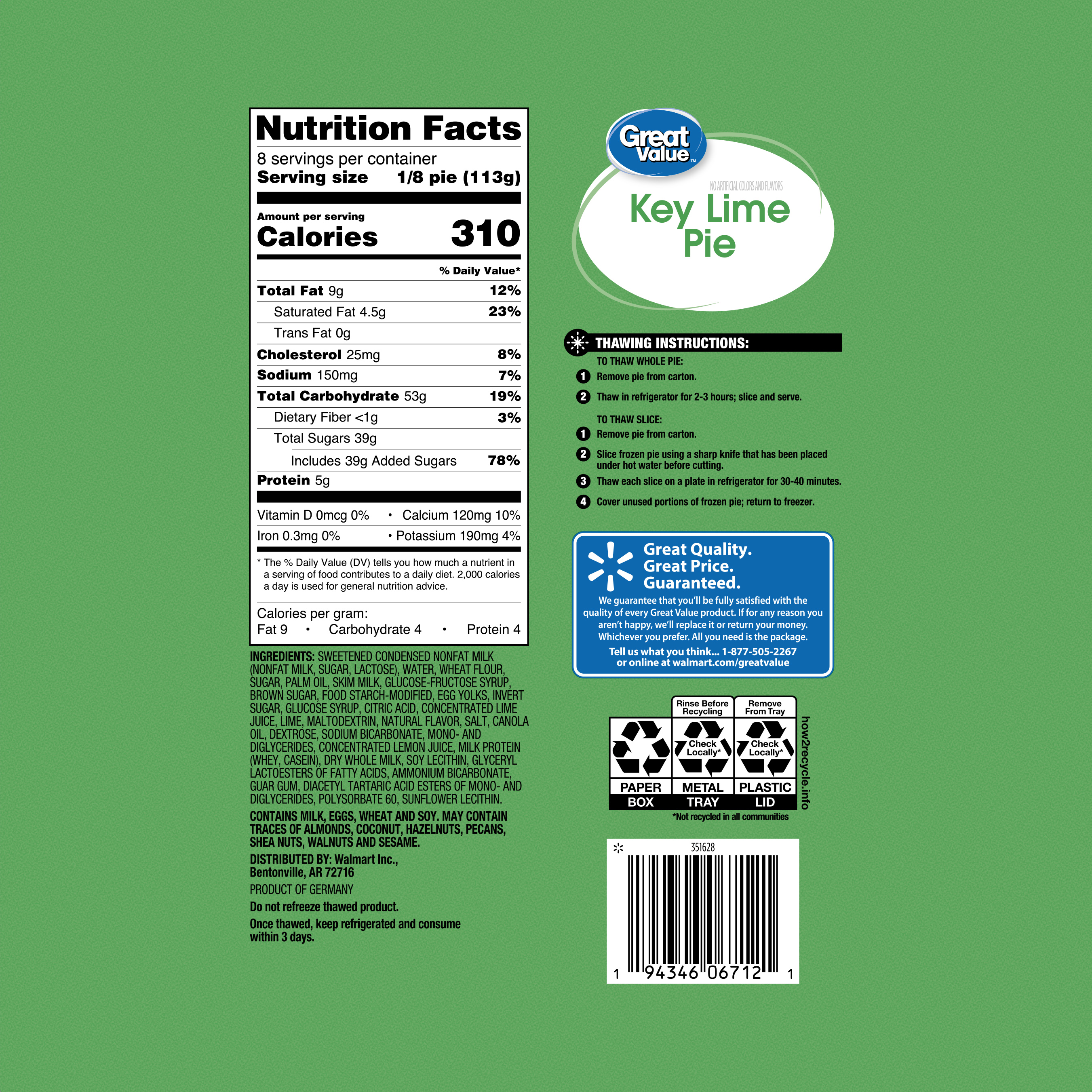 Great Value Key Lime Pie, Frozen Dessert, 32 oz, Made with Real Key Lime, No HFCS, Box (Frozen) - image 2 of 5