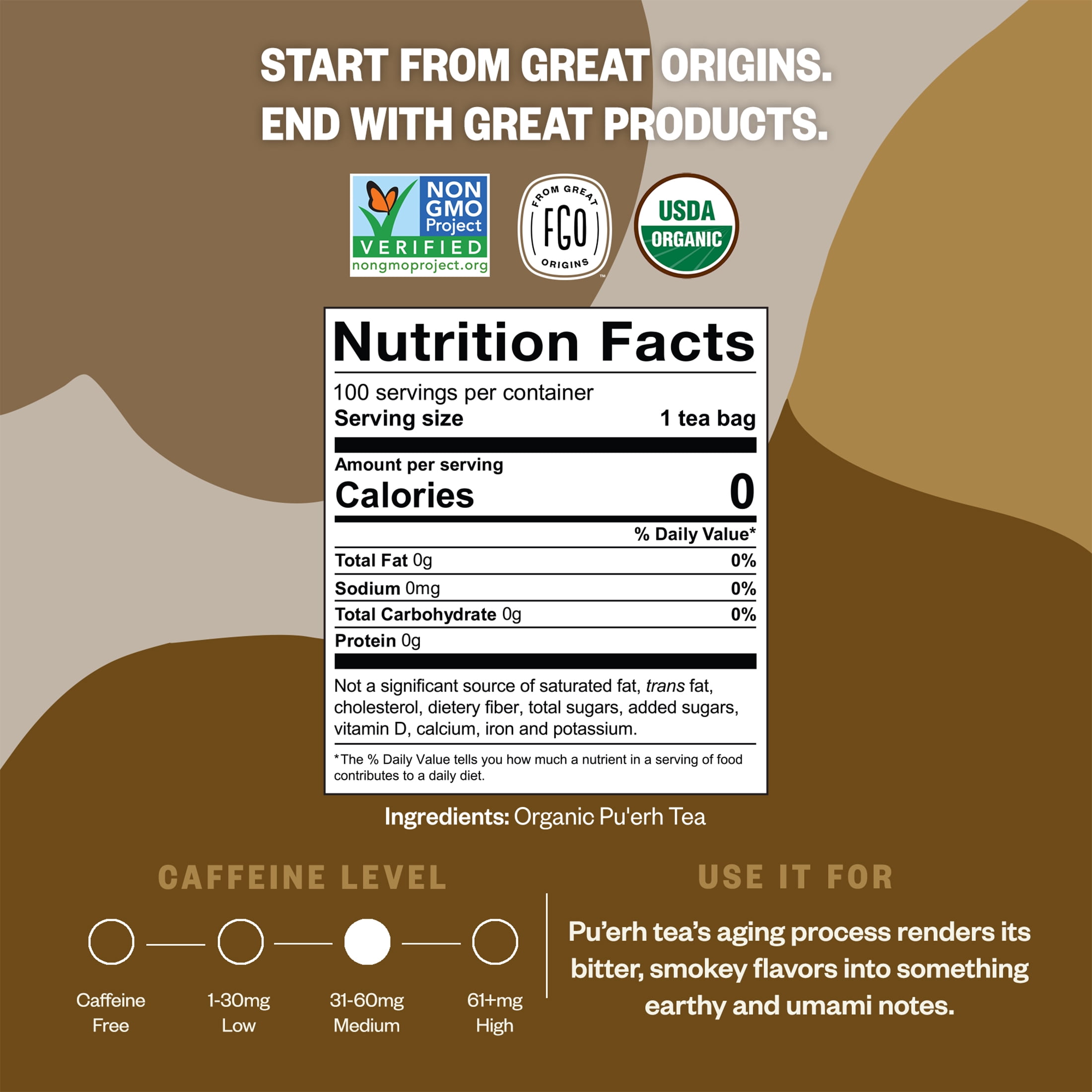 FGO Pu'erh Tea, Organic, Eco-Conscious Tea Bags (100 Count)