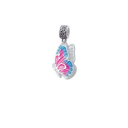 Silvertone Large Translucent Hot Pink & Blue Flying Butterfly - Celtic Knot Charm Bead