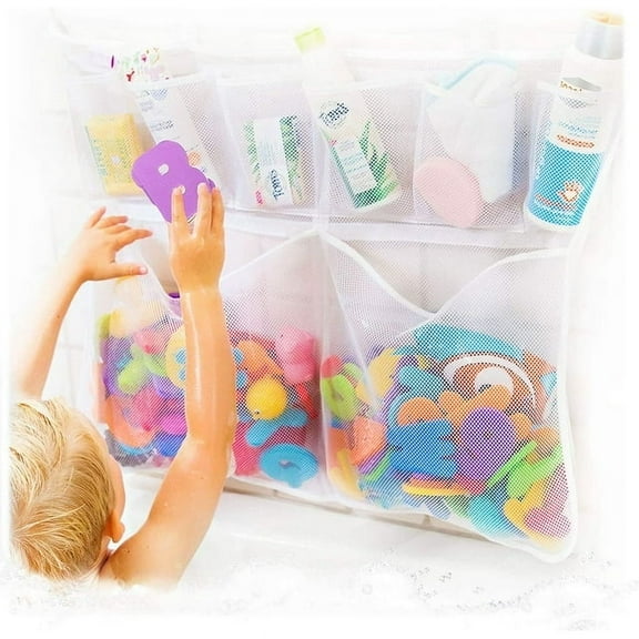 Really Big Bath Toy Storage , Bathroom Hanging Bathtub Toy Organizer with Suction Adhesive Hooks, Mesh Net Shower Caddy for Baby, Kids, Toddlers Bath, with Letters & Rubber Duck