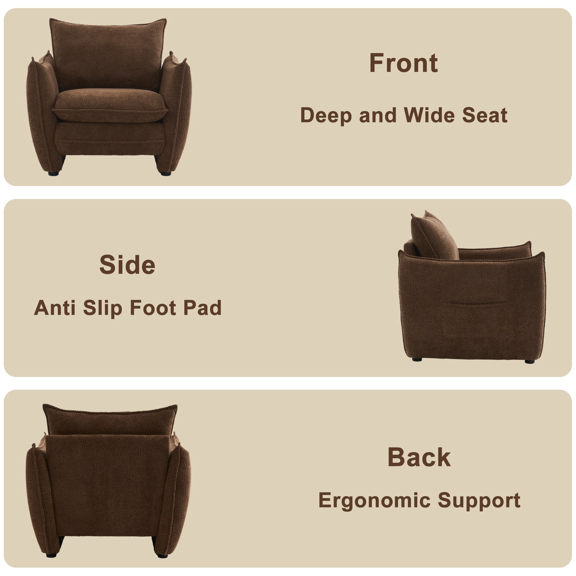 ENYLAY Modern Brown Cloud Chair, Plush Upholstered Sofa Chair, Comfy Single Armchair with Removable Cushions for Living Room, Bedroom, Office