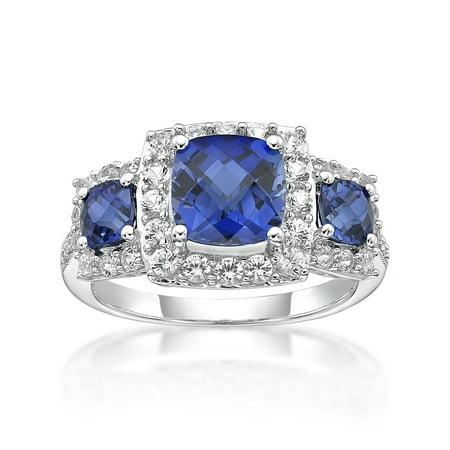 Sterling Silver Cushion Cut Lab Created Blue and Created White Sapphire
