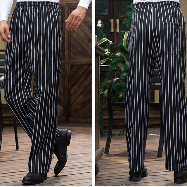 Chef Pants Men with Elastic Waist Pockets Baggy Cook Pant Waiter Uniform Skin-friendly Clothes for Restaurant Hotel Cafe Kitchen XL Black White Stripes