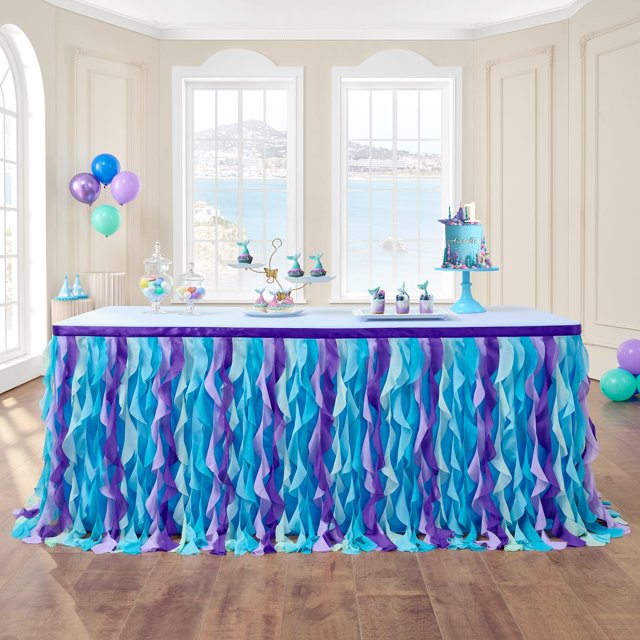Falda de mesa con volantes de tul de sauce rizado de sirena para baby shower, fiesta de cumpleaños de tiburón bebé, falda de mesa rectangular tutú de 6 pies