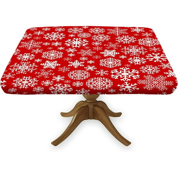 Christmas Square Fitted Tablecloth, Red Xmas Snowflake Elastic Edge Table Cover for Winter Happy New Year Indoor Outdoor Dinner Party Family Banquet Use, Fits to 36 x 36 in Table