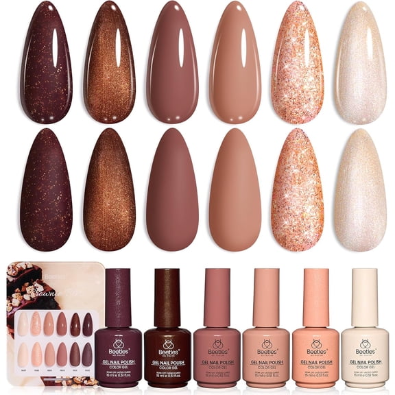 Beetles Brown Gel Nail Polish Set, Brownie Bliss 6 Colors Nude Pink Shimmer Glitter Gel Polish, 15ml Each