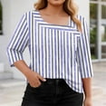 thumbnail image 2 of VEKDONE Womens Stripe Plus Size Tops 3/4 Length Sleeve Loose Fit Blouse Asymmetrical Neck Button Tunic Tops Summer Fashion Clothes Blue XL, 2 of 7