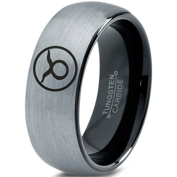 Tungsten Horoscope Taurus Band Ring 8mm Men Women Comfort Fit Black Dome Brushed Gray Polished