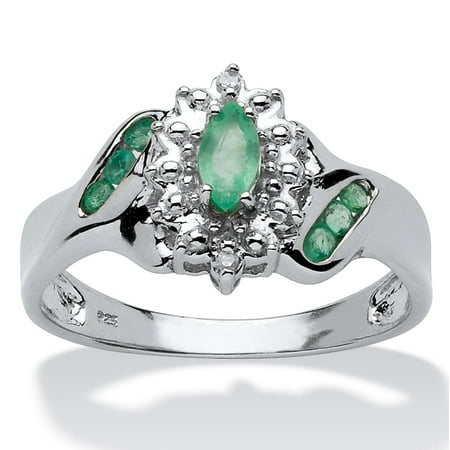- .37 TCW Marquise-Cut and Round Genuine Emerald & Diamond Accent Platinum over Sterling Silver Ring