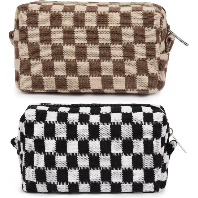 LAICAIW 2 Pieces Checkered Cosmetic Travel Bags-Cute Makeup Pouch Organizers With Brush Storage for Women
