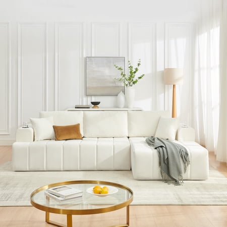 L-Shaped Sectional Sofa | 108" Beige Chenille | Living Room