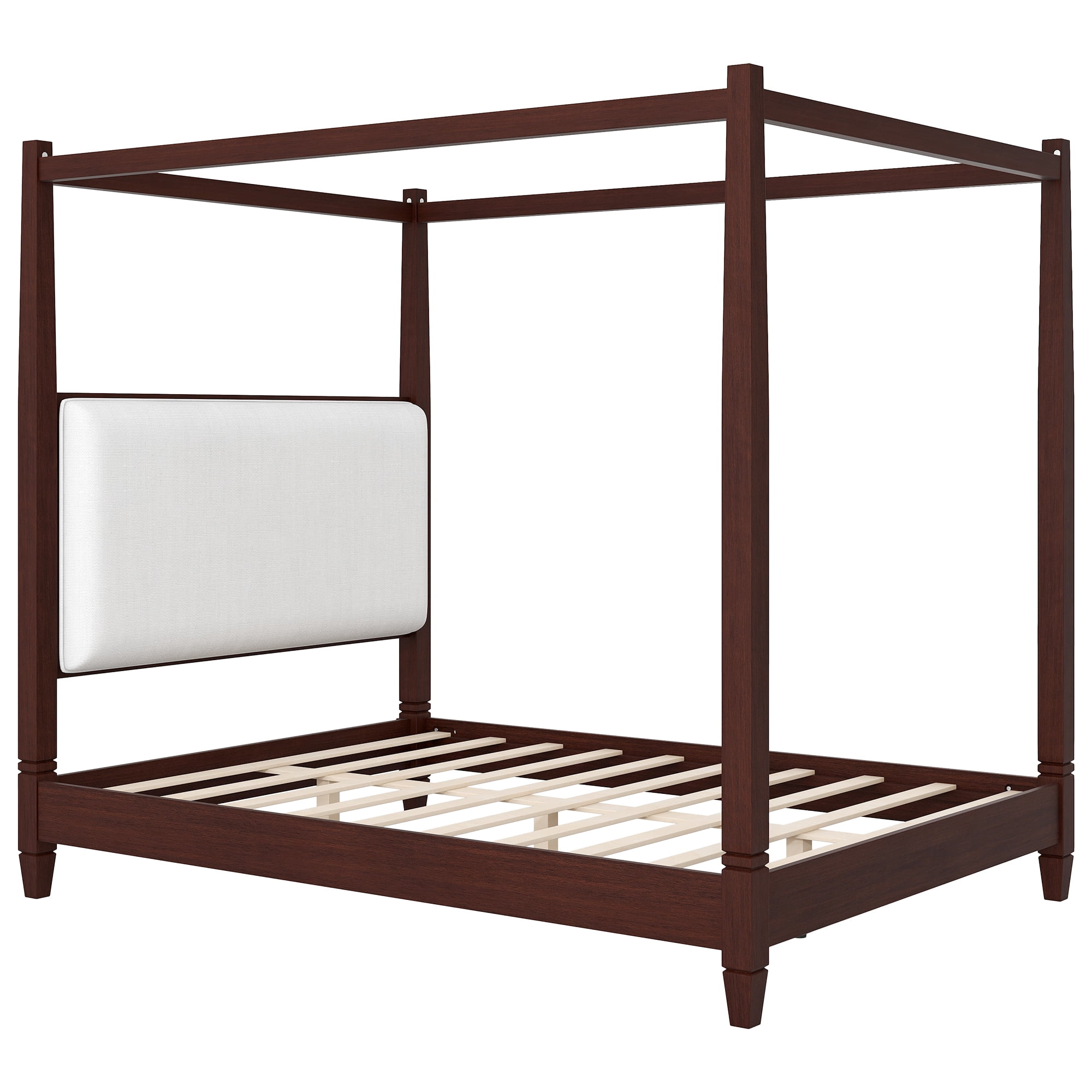 Euroco Wood Queen Size Canopy Platform Bed with Upholstery Headboard, Espresso