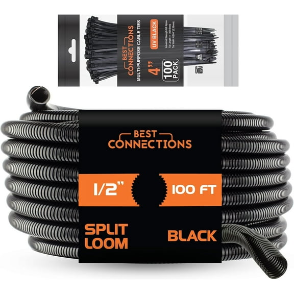BEST CONNECTIONS 100 feet Split Wire Loom Flex-Guard Convoluted Tubing with 100 Nylon Cable Zip Ties Black