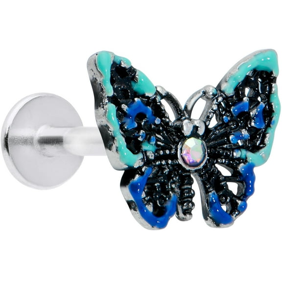 Body Candy Womens 16G Steel Aurora Blue Butterfly Labret LipRing Tragus Cartilage Stud 5/16