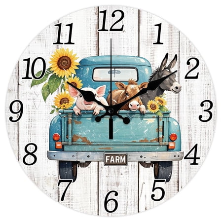 Truck Farm Animals Style Pattern Wall Clock Pig and Cow 12 Inch Non-Ticking Clocks Donkey Round Wall Hanging Clock Battery Operated