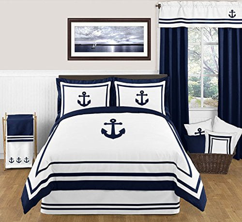 Navy Blue Gray and White Childrens Teen 3 Piece Full/Queen Boys Stripe Bedding Set Collection