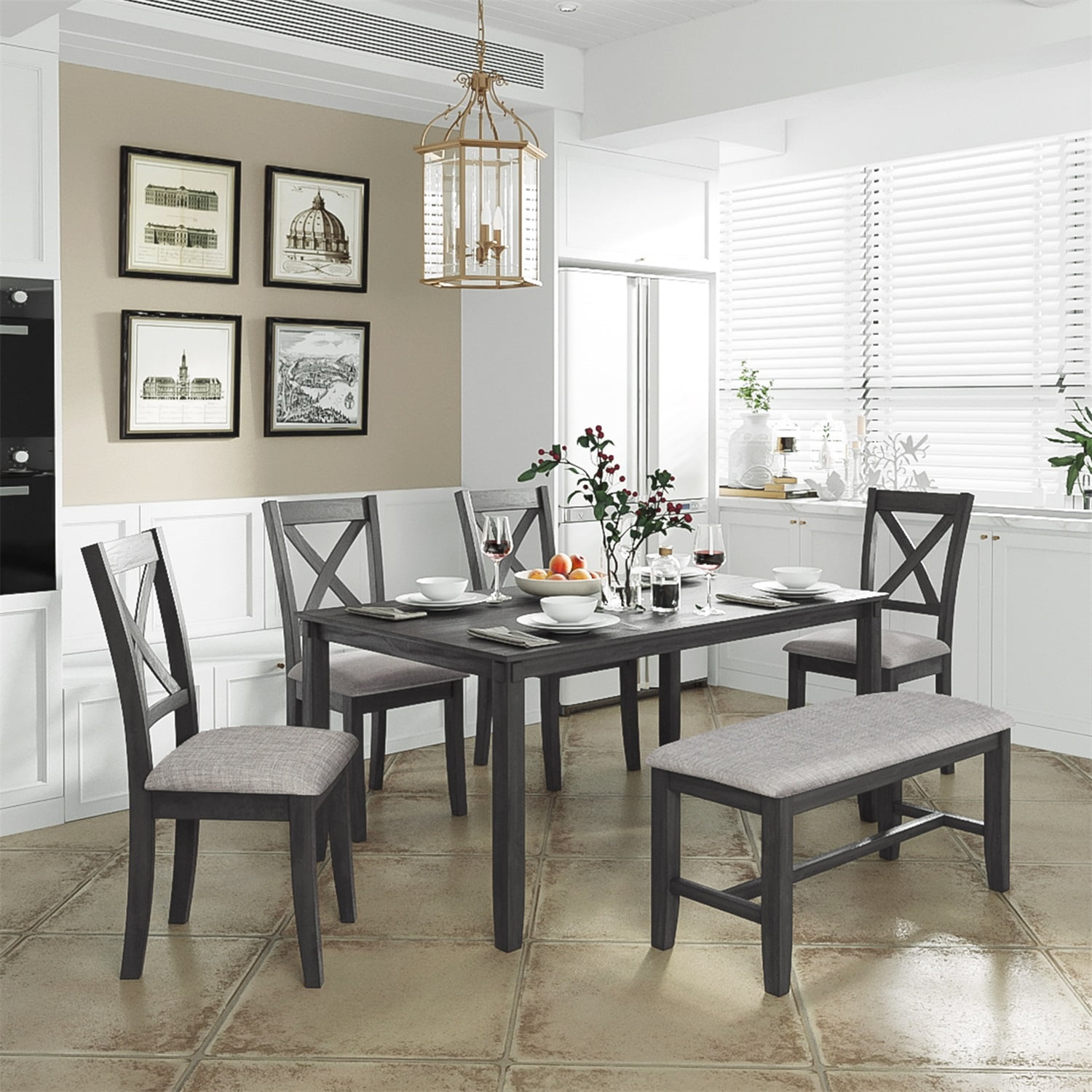 Kadyn Rectangular Dining Table Set 6 Pc, Wooden Modern Dining Chairs Seat, 6-piece Kitchen Dining Table Set Dining Table, 4 Dining Chairs and Bench, Gray Kadyn Rectangular Dining Table Set 6 Pc, Wooden Modern Dining Chairs Seat, 6-piece Kitchen Dining Table Set Dining Table, 4 Dining Chairs and Bench, Gray
