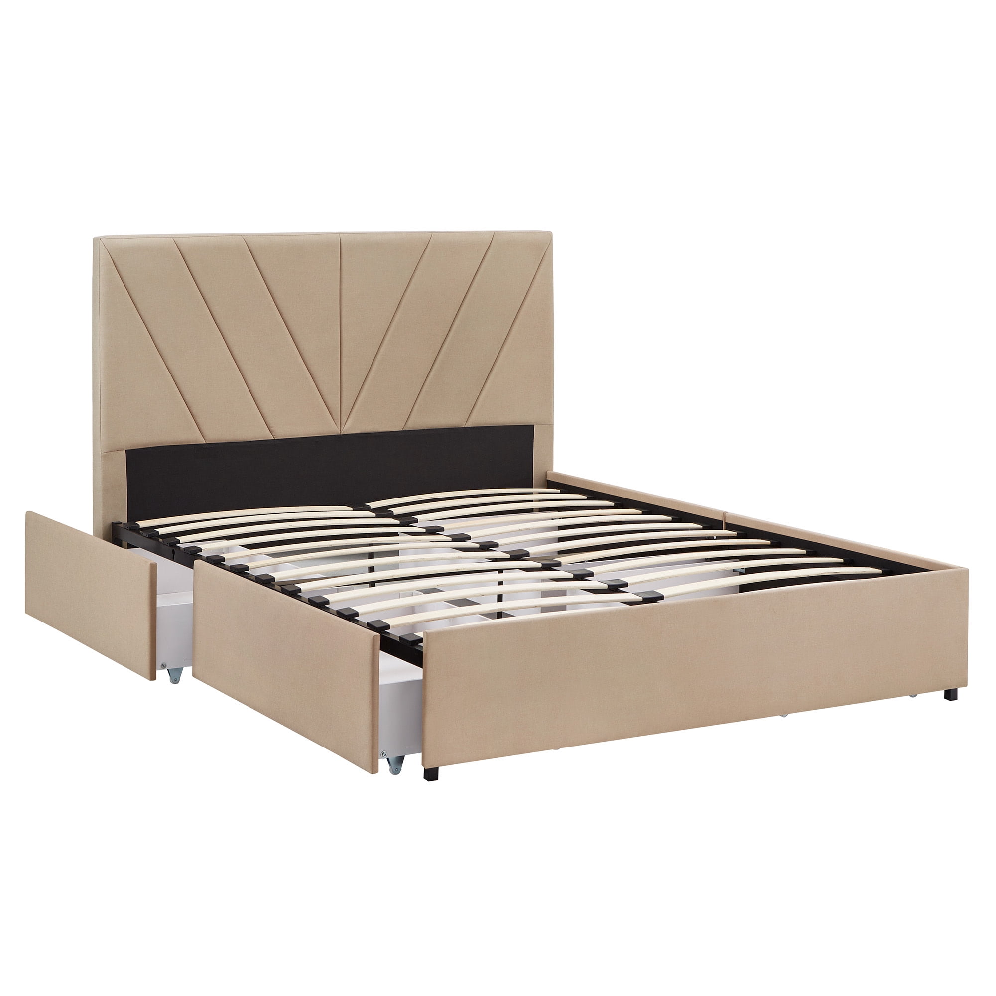 Weston Home Gaylen Linen V-Channel Headboard Storage Platform Bed, Queen, Beige