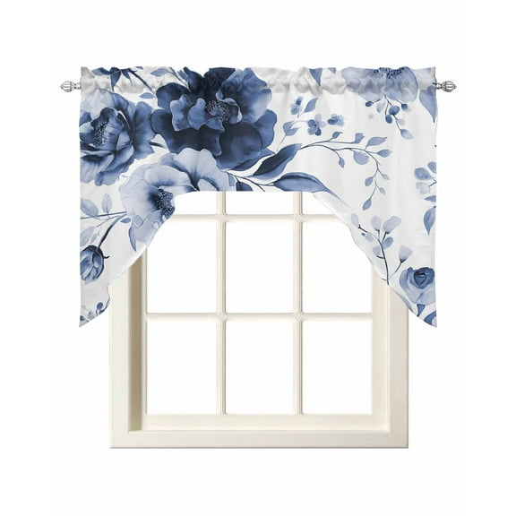 Blue Floral Art Kitchen Curtains Swag Valance for Windows/Bathroom/Cafe, Watercolor Botanical Spring Flowers Rod Pocket Drape Panel Swag Curtain Valance for Bedroom/Living Room 55''x36''