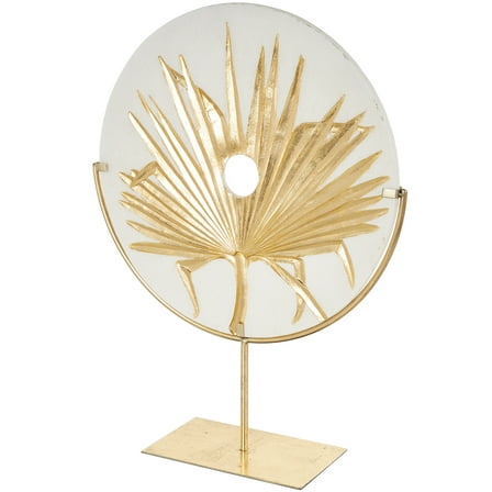 16" x 22" White Polystone Cutout Round Disk Leaf Sculpture with Gold Stand, by DecMode