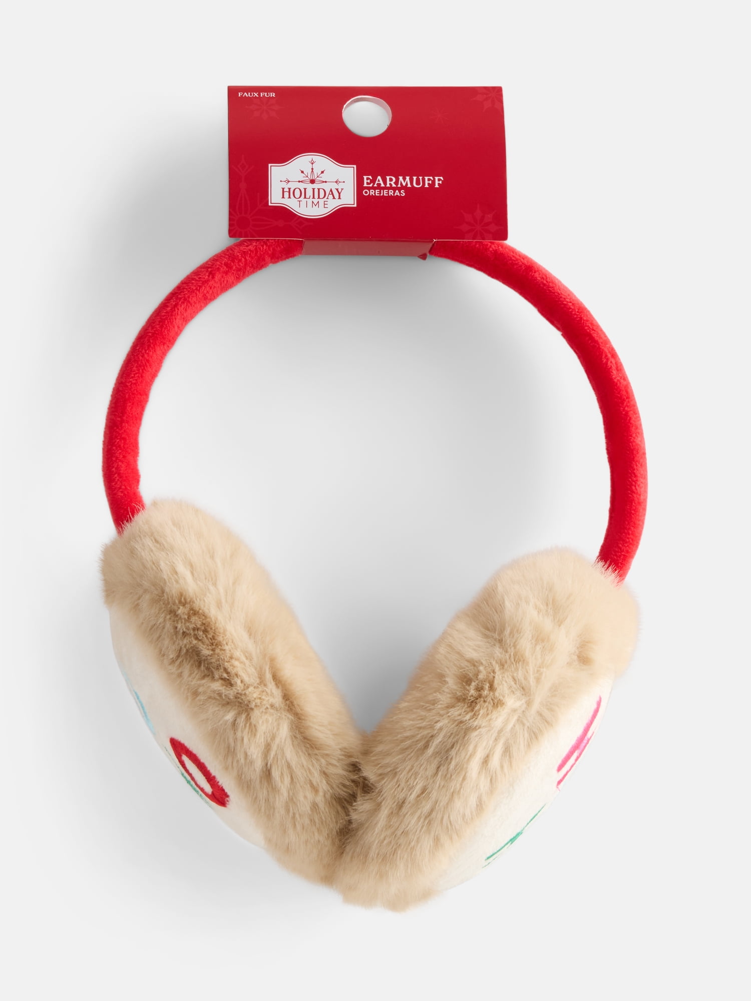 Holiday Time Women's Faux Fur Ho Ho Ho Earmuffs, Oatmeal