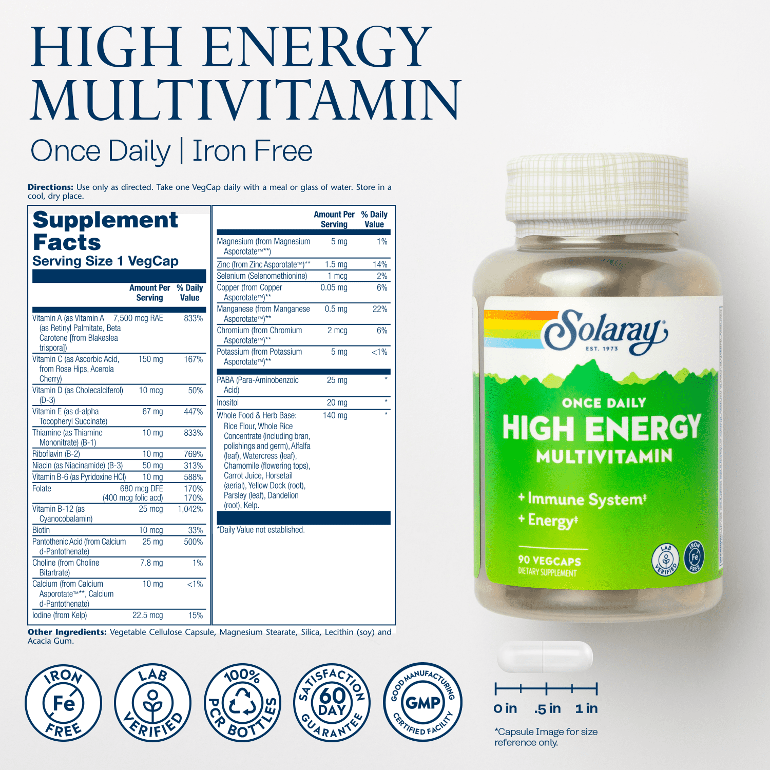 Solaray Once Daily High Energy Multivitamin, w/ No Iron | Complete Multi w/ Whole Food & Herb Base | Non-GMO | 90 VegCaps