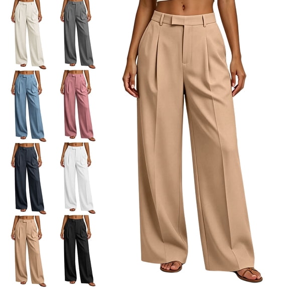 Zysthvn Fall Pants Women Casual Wide Leg High Waisted Pants for Women Flowy Button with Pockets Solid Palazzo Trousers