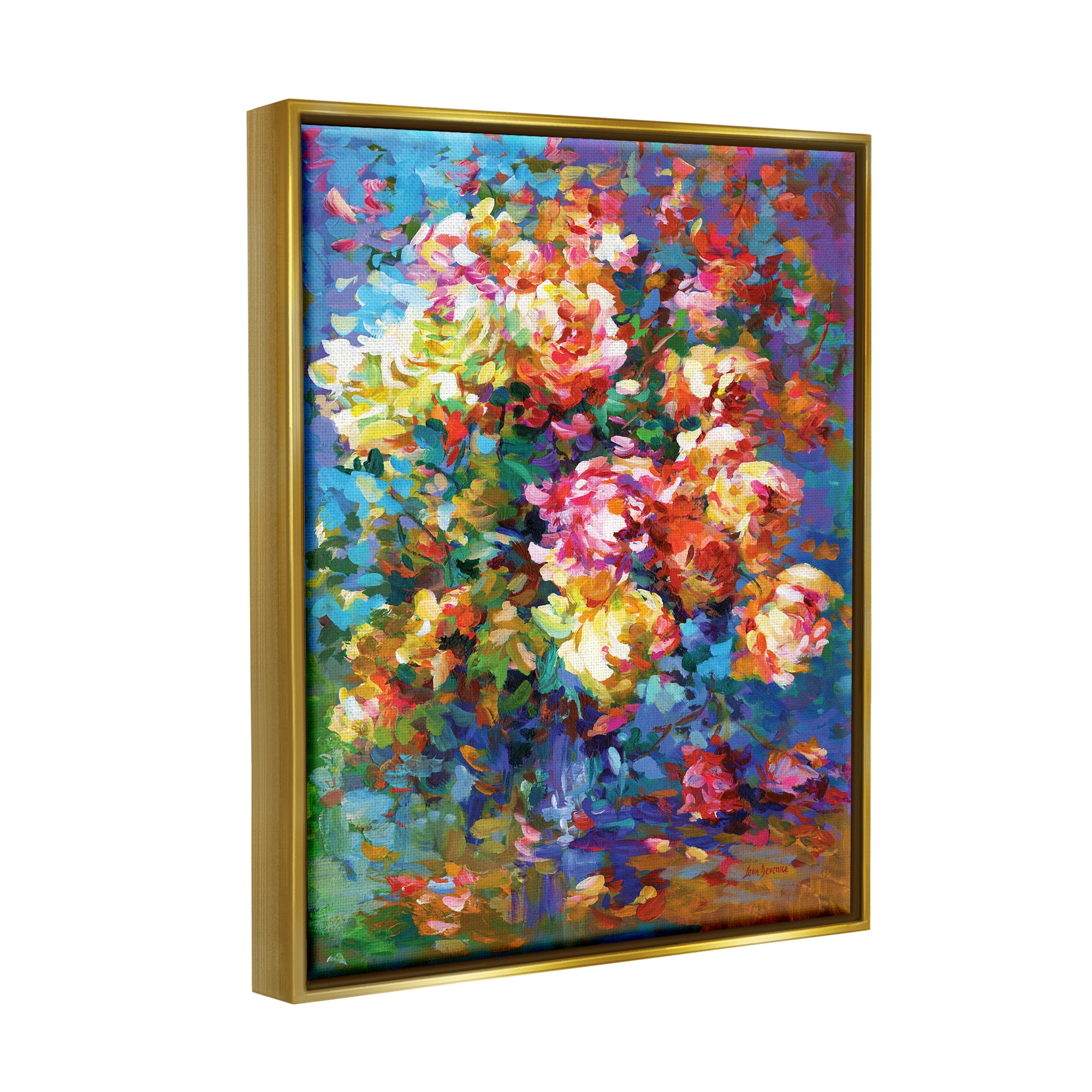 Stupell Industries Vibrant Flowers in a Vase Botanical & Floral Painting Gold Floater Framed Canvas Art Print Wall Art, 17 x 21