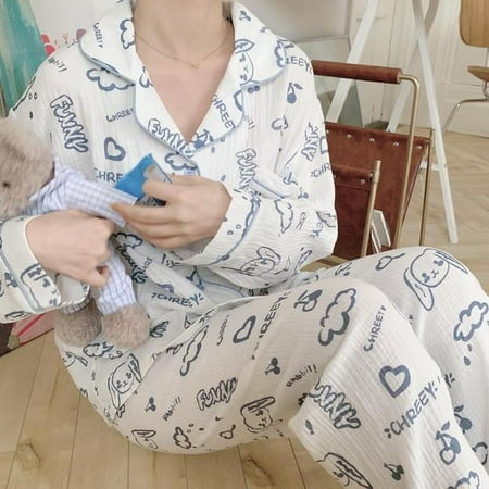 

CoCopeaunt 100% Cotton Womens Nightwear Kawaii Sleepwear Cartoon Print Pajamas 2 Piece Female Set Pijama Cute Pyjamas White Home Suit