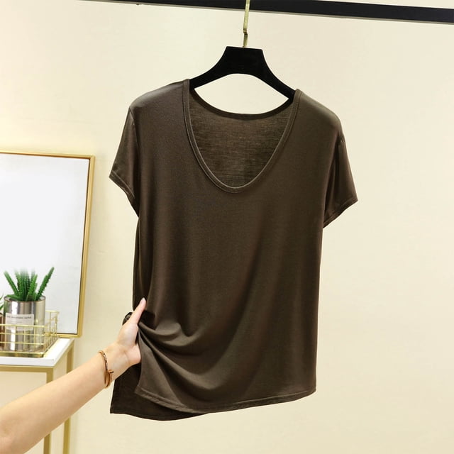 JMKQLZ T-shirt Décontracté pour Femmes à Manches Courtes, Col Rond, Fendu, Couleur Unie, Blouse de Maison