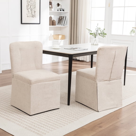 Gearwell Upholstered Dining Chairs, Set of 2 Beige Linen Fabric Kitchen Side Chairs with Padded Seat and Backrest, Armless Accent Chairs for Dining Room Living Room