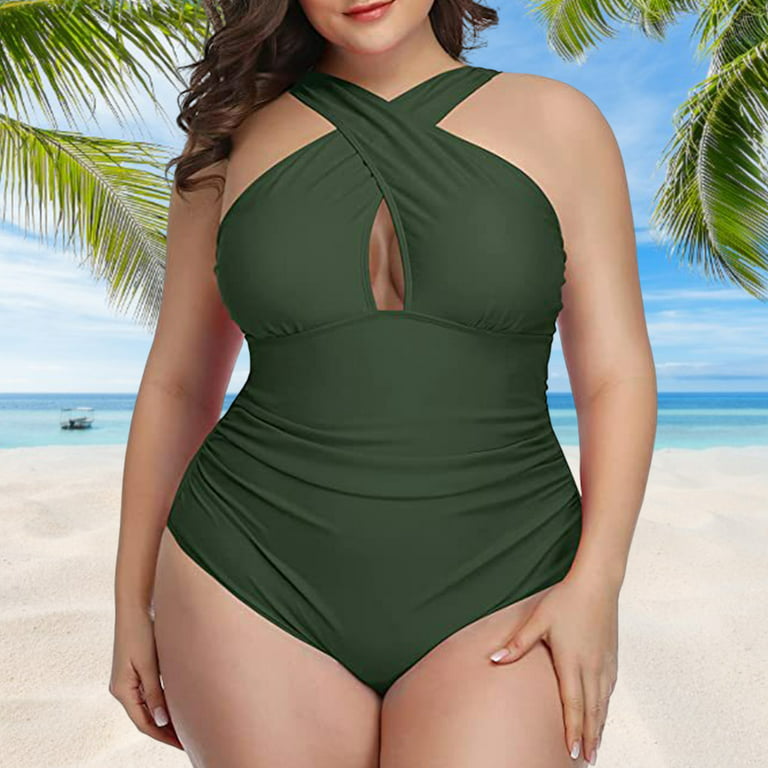 Honrane Beach Monokini Plus Size Hollow Out Solid Color Tight Cross  Swimming Halter Neck Underwater Performance Women Swimwear Water Sports  Clothes