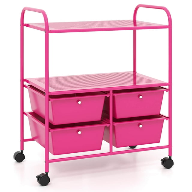 Costway Rolling Storage Cart with 4 Drawers & 2 Shelves Multipurpose Plastic Trolley on Wheels Hot Pink