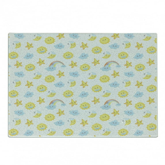 Moon Cutting Board, Happy Smiling Moon and Stars Morning and Night Rainbows Funny Clouds, Decorative Tempered Glass Cutting and Serving Board, Small Size, Pale Blue Yellow Pink, by Ambesonne