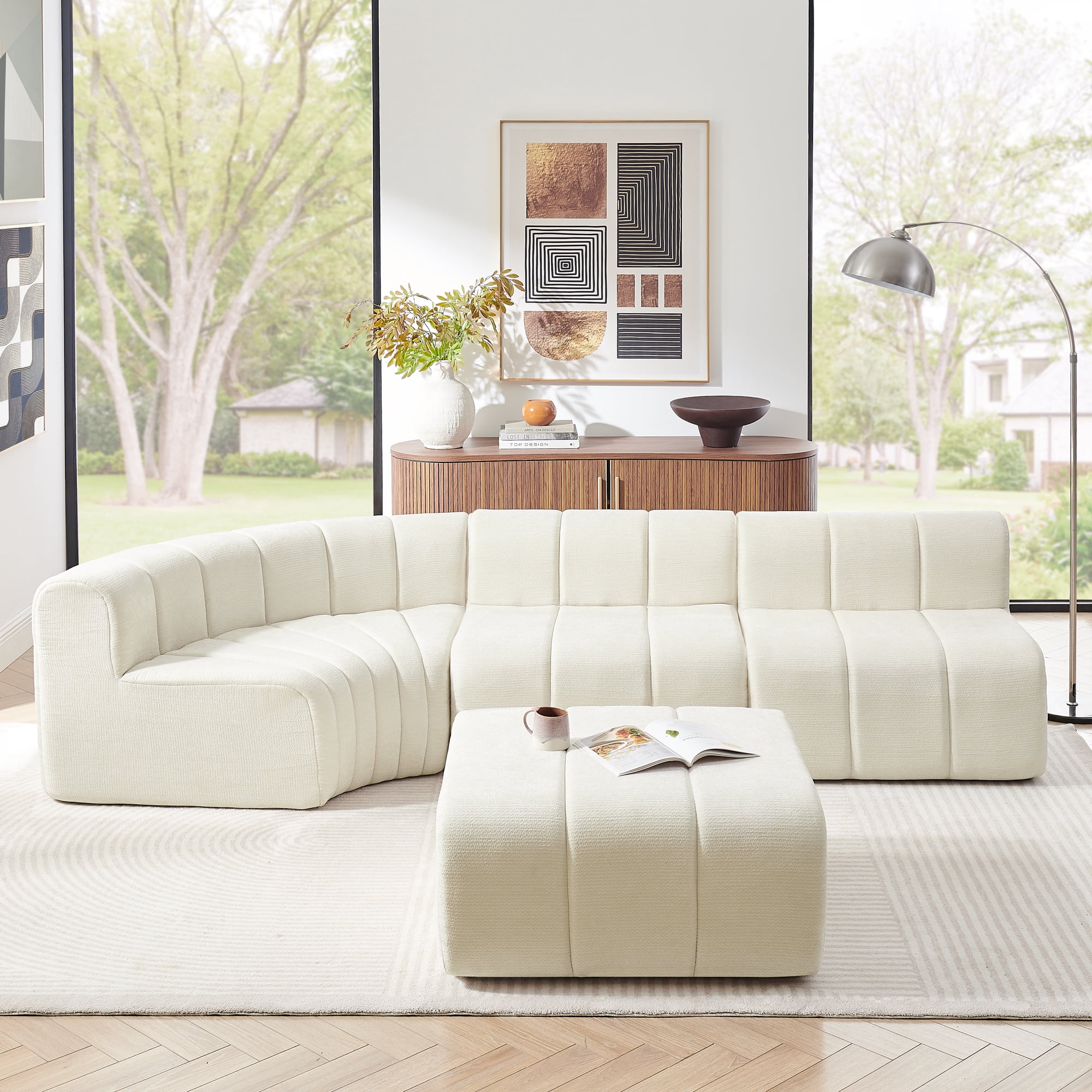 116"W Modern Semi-Curved Modular Sectional Sofa with Movable Ottoman,Vertical Stitched Chenille Cloud Sofa Couch for Living Room,No Assembly Required,Beige