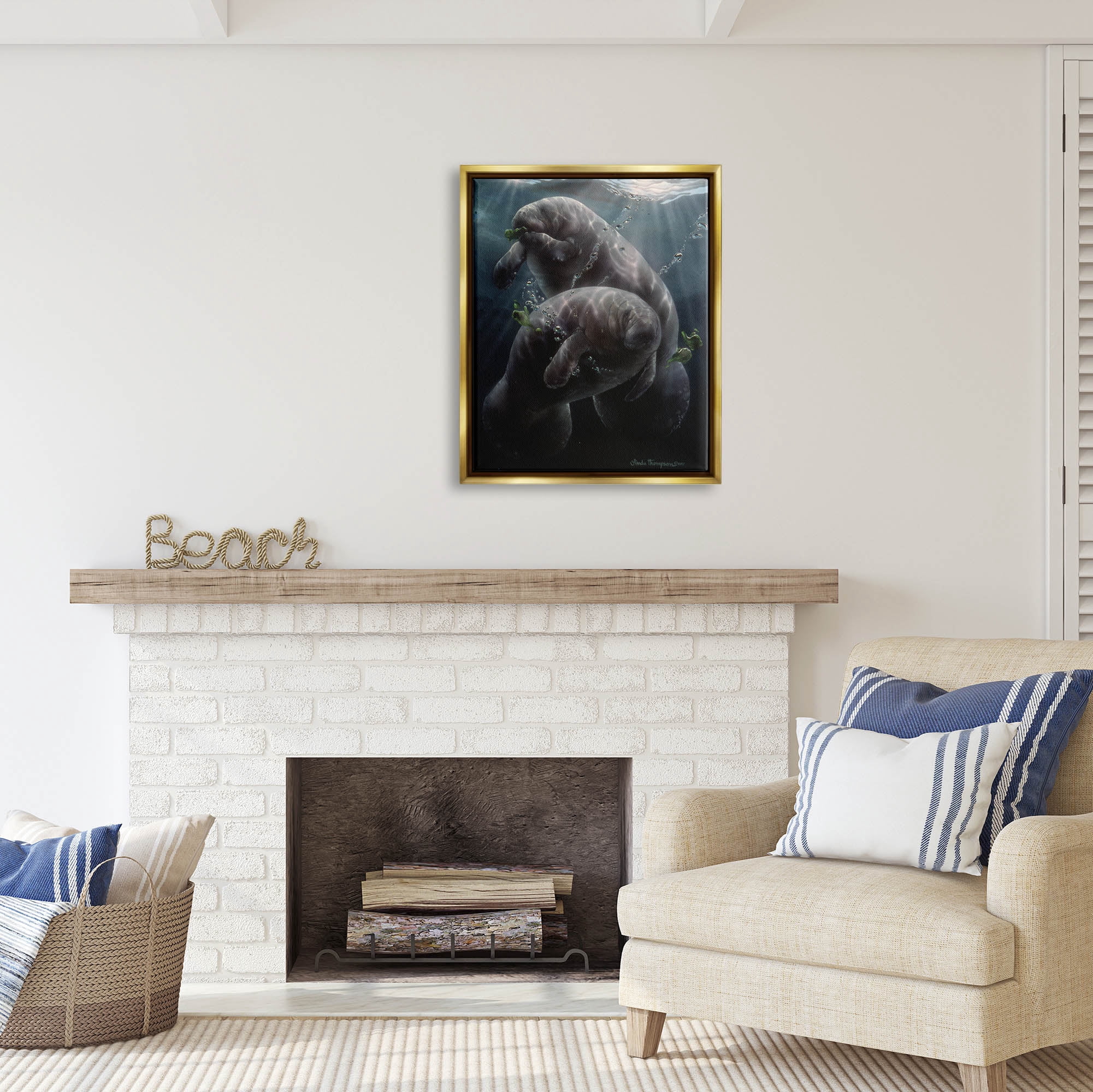 Stupell Industries Snack Time Manatees Underwater Coastal Painting Gold Floater Framed Art Print Wall Art