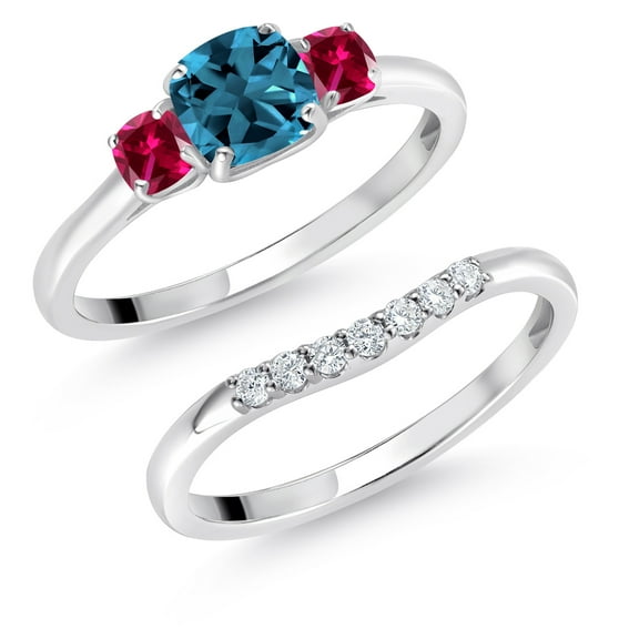 Gem Stone King 10K White Gold London Blue Topaz Red Created Ruby and Lab Grown Diamond 3 Stone Bridal Engagement Wedding Ring Set for Women (2.38 Cttw, 5MM and 3MM Cushion Cut, Size 6)