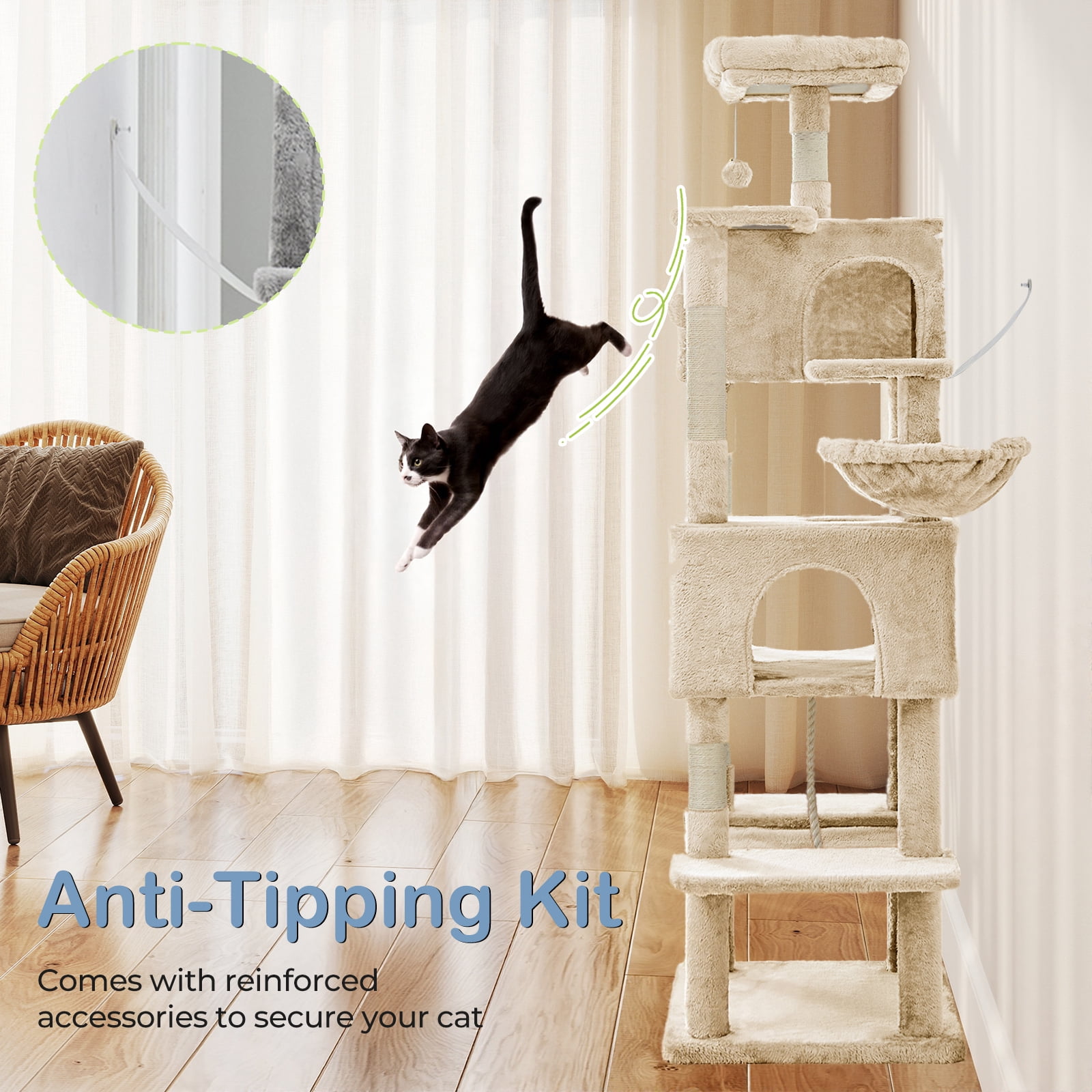 66" Multi-Level Cat Tree Tower with Sisal Scratching Post, Indoor Cat Climbing Tower with Ladder & Plush Toys for Rest & Play