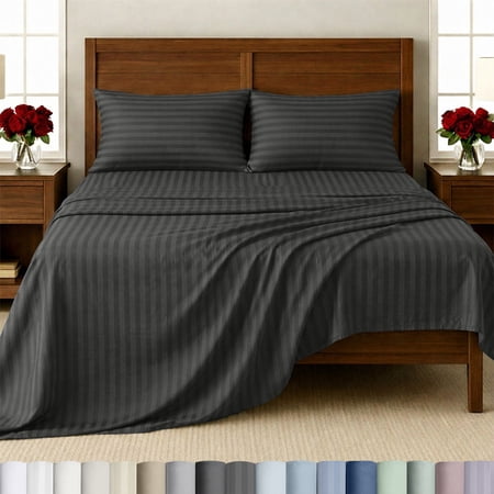 California Design Den Striped King Size Sheets - Soft 500 Thread Count 100% Cotton Sateen 4-Piece Bed Sheets Set - Grey Striped