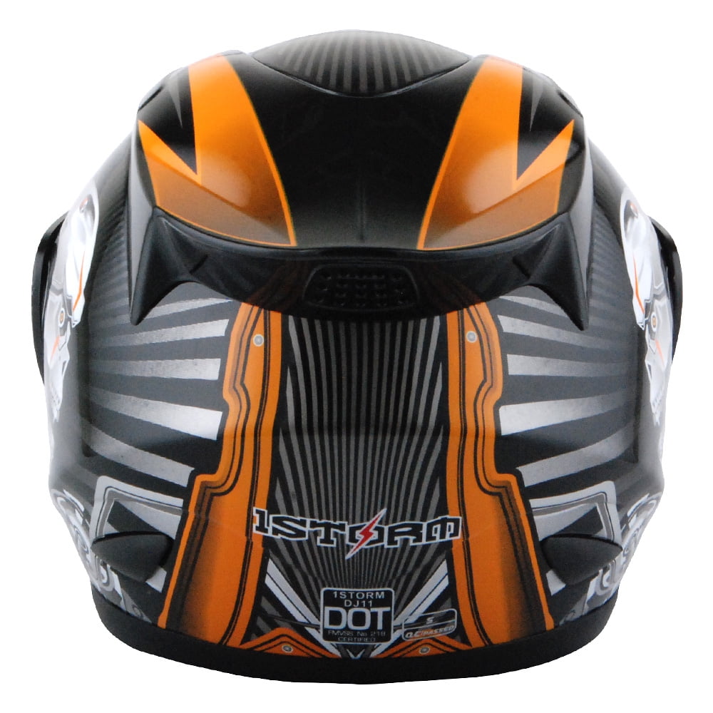 1STORM MOTORCYCLE BIKE FULL FACE HELMET HJDJ11 MECHANIC SKULL ORANGE