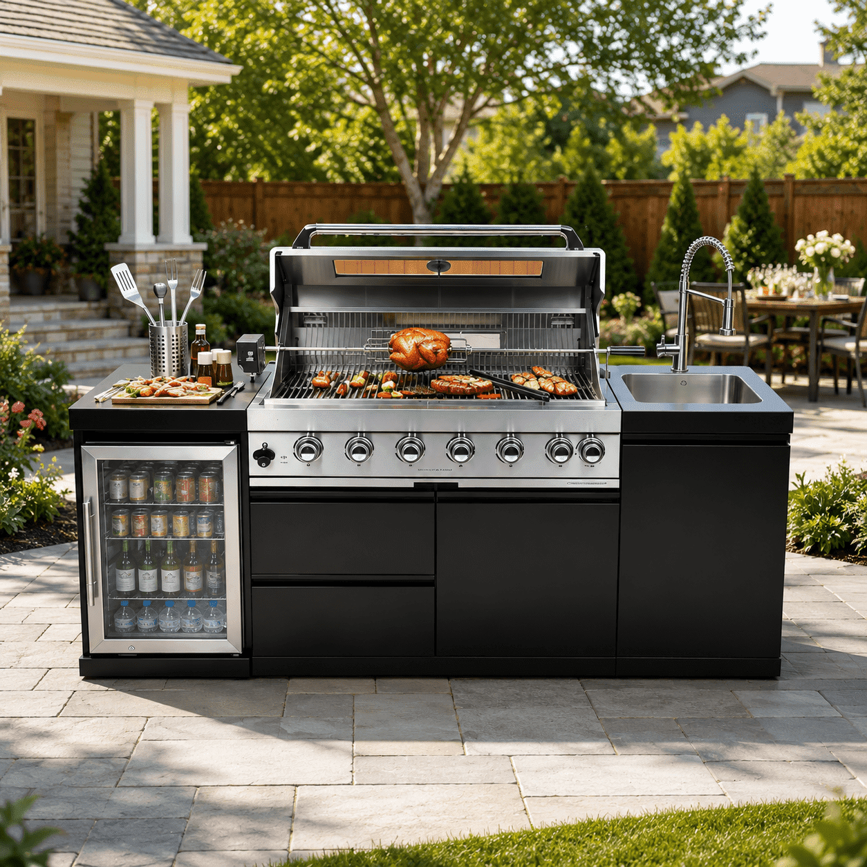 82" Modular Outdoor Kitchen Island with 6-Burner 85,000 BTU Stainless Steel Propane Grill, Rotisserie, Refrigerator, Sink & Granite Countertop