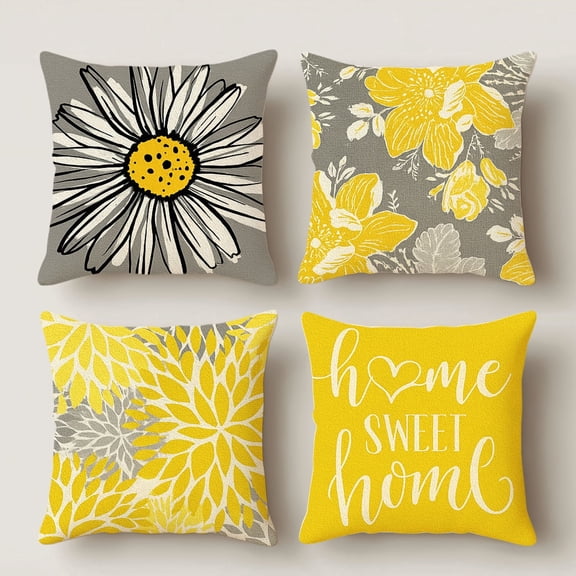 Lavish Cover 14x14 Inch Yellow Gray Floral Pillow Cover, Home Sweet Home Decorative Cushion Case for Farmhouse Sofa Bedroom, No Insert