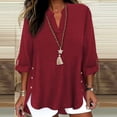 thumbnail image 2 of HomeDM Women's 3/4 Sleeve V-Neck T Shirts, Summer Solid Color Loose Fit Button Down Side Split Pullover Tops - Wine/L, 2 of 5