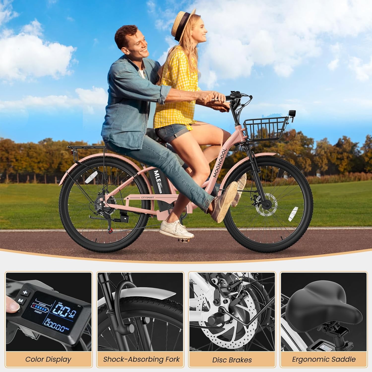 MOONCOOL Electric Bicycle for Adults 350W , 7-Speed Ebike with 36V 10.4Ah Removable Battery， 40 Miles Range , 20 mph Electric Commuter Bike for Women Men