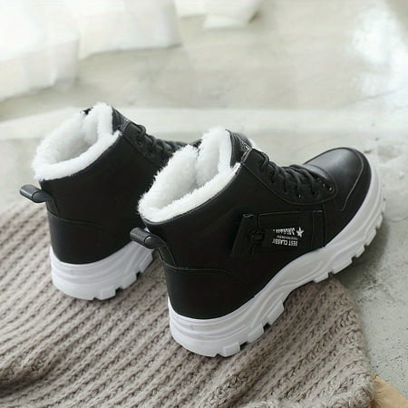 

ASWMXR Women‘s Casual High Top Shoes Winter Plush Lined Warm Shoes Thick Soled Lace-up Sports Shoes