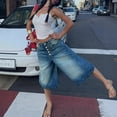 thumbnail image 3 of Women's multi-button denim shorts, loose straight leg mid-length trousers, 3 of 6