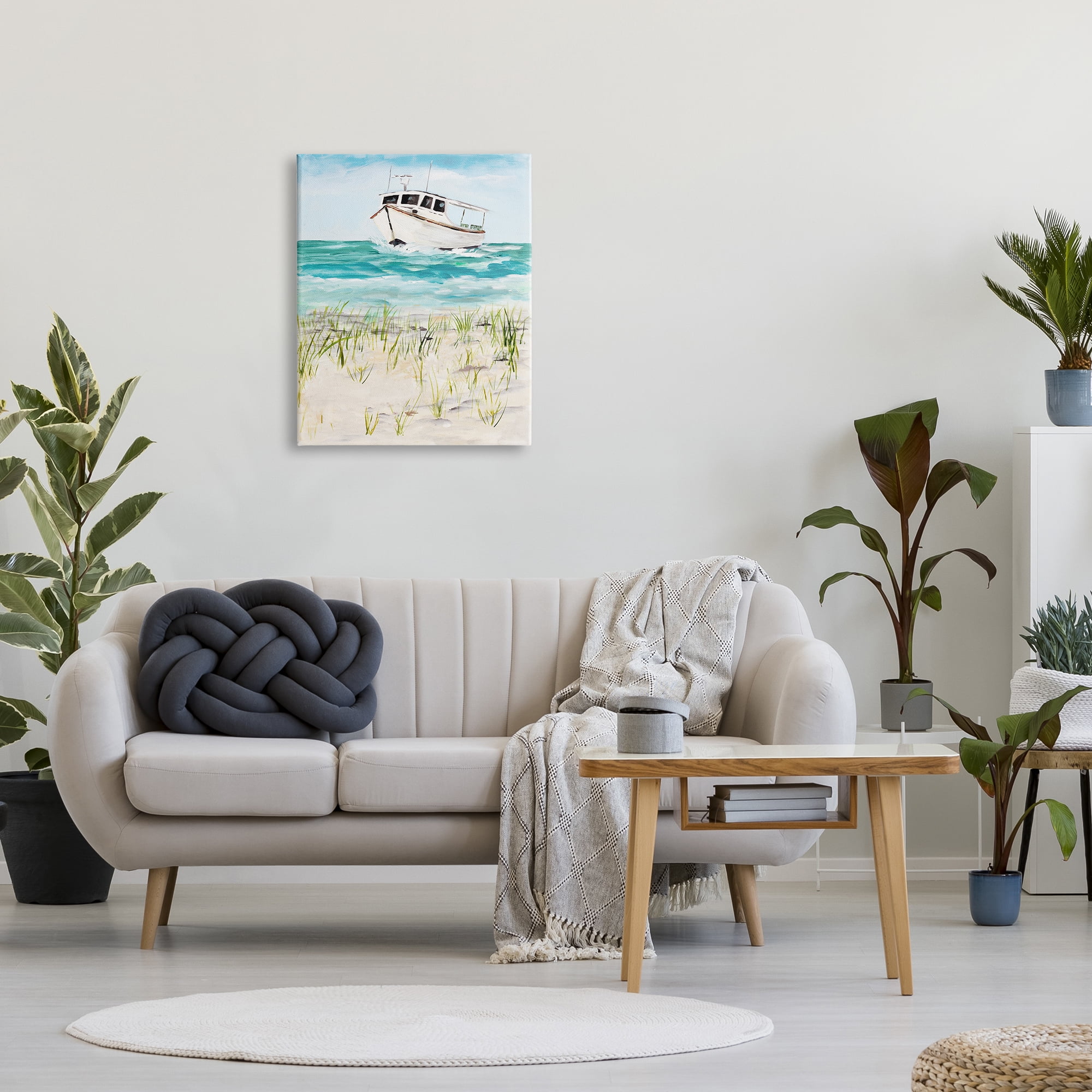 Stupell Industries Nautical Boat by Coast Grassy Beach Landscape Nature Painting Gallery Wrapped Canvas Print Wall Art, 24 x 30