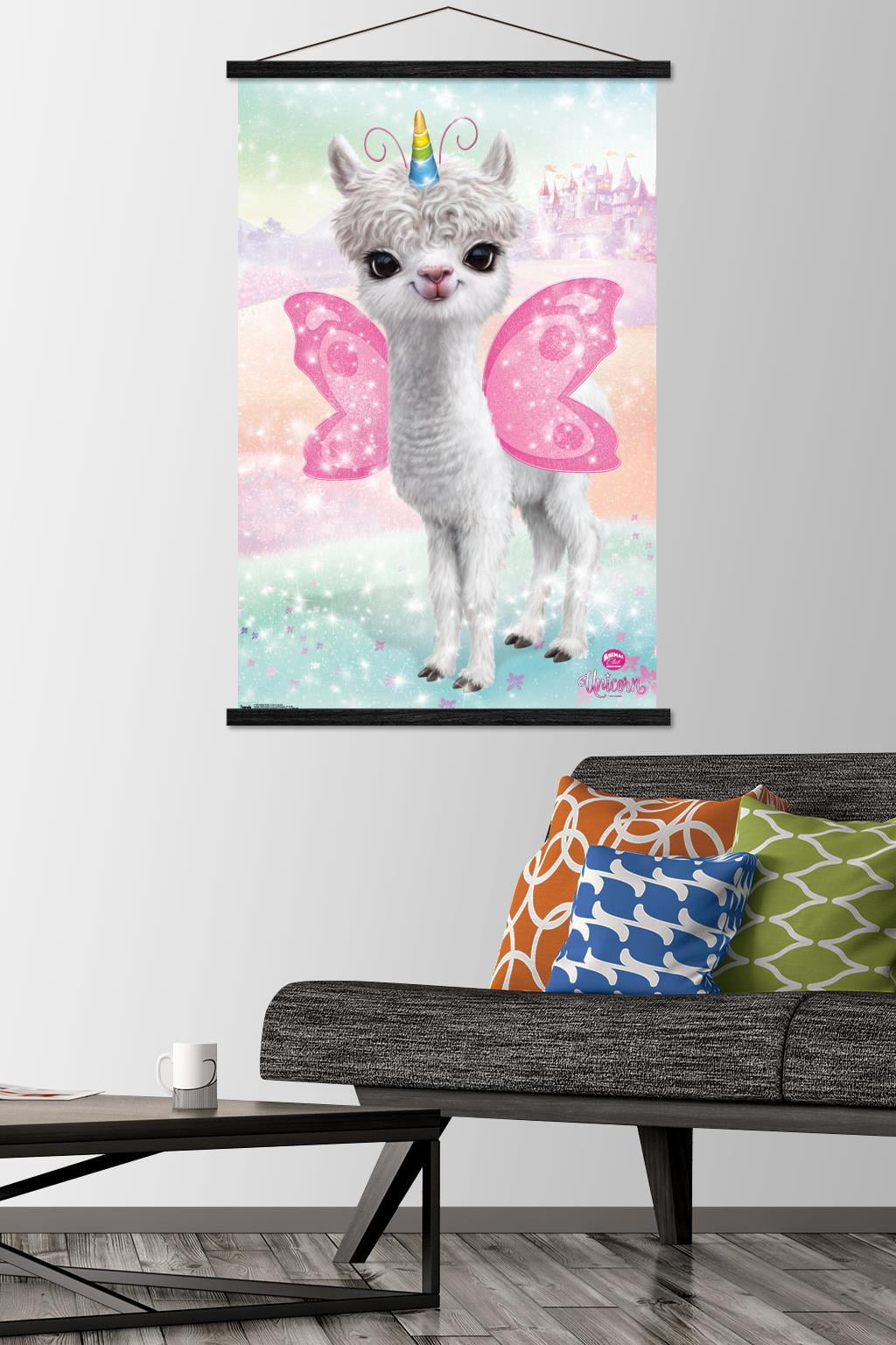 Animal Club - Lama Unicorn Wall Poster with Wooden Magnetic Frame, 22.375" x 34"