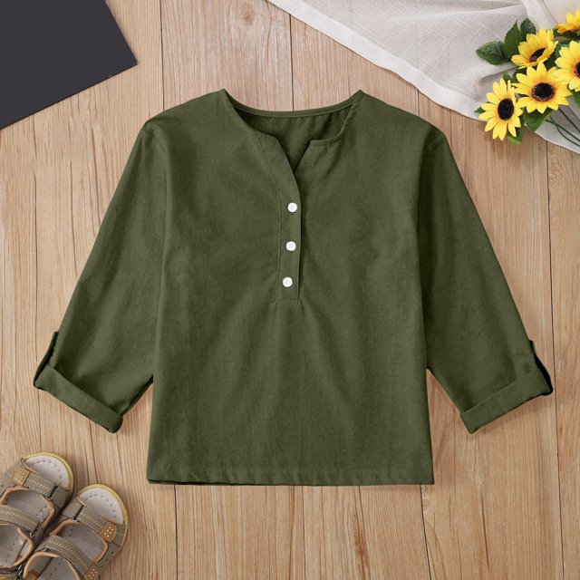 Geire Girl's Solid Color Long Sleeve Shirt Button V-Neck Oversized Blouse with Pocket Comfy Cotton Linen Clothes