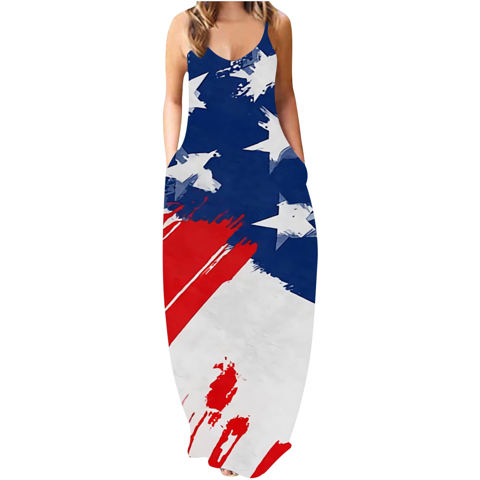 American Flag Maxi Dress for Women Independence Day Dress Spaghetti ...